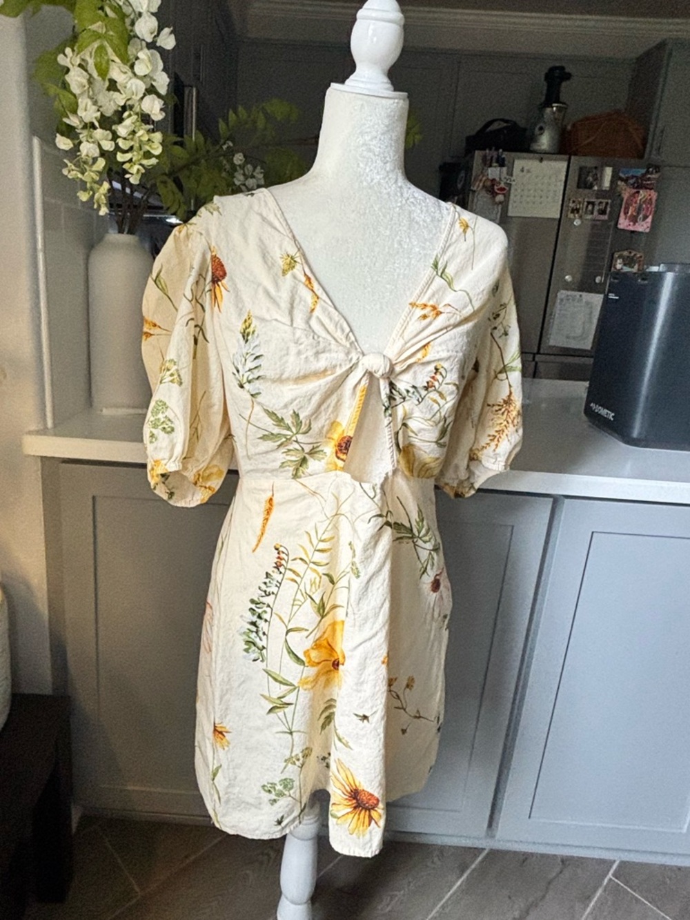 H&M Cream Tie-Front Floral Mini Dress with Yellow Flowers